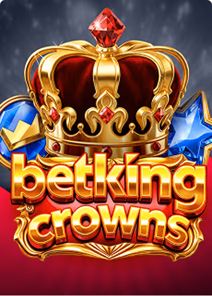 Golden crown adorned with red jewels above bold text 'betking crowns' with decorative gold and colorful background elements.