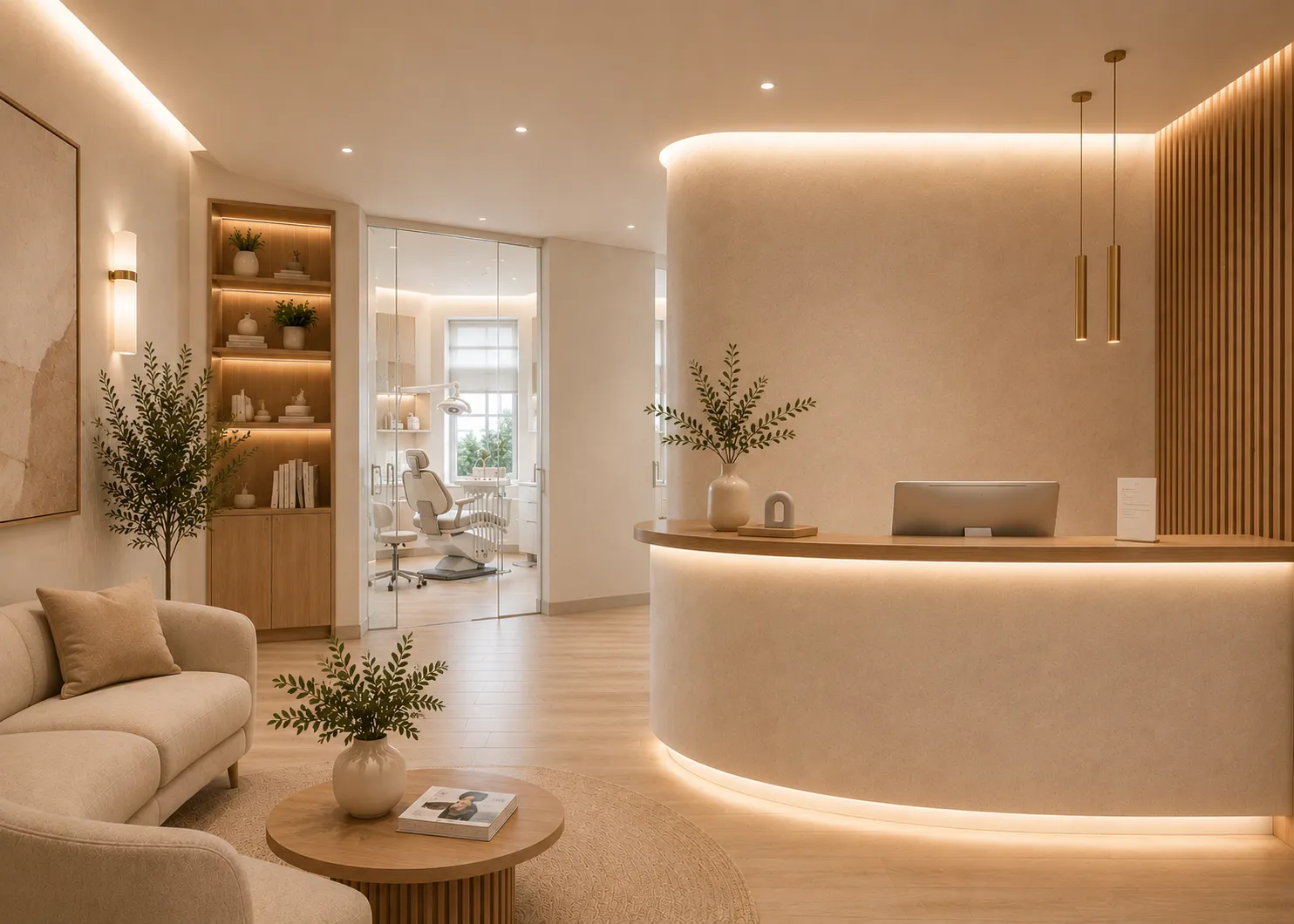 Modern beige office reception with curved desk, cozy seating, plants, and glass-door treatment room