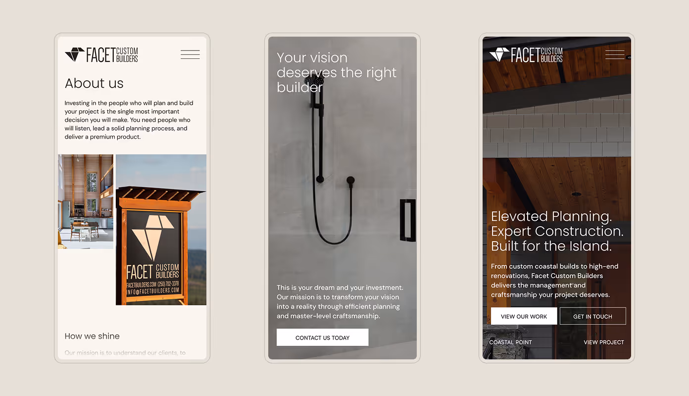 Facet Custom Builders website mobile mockup.
