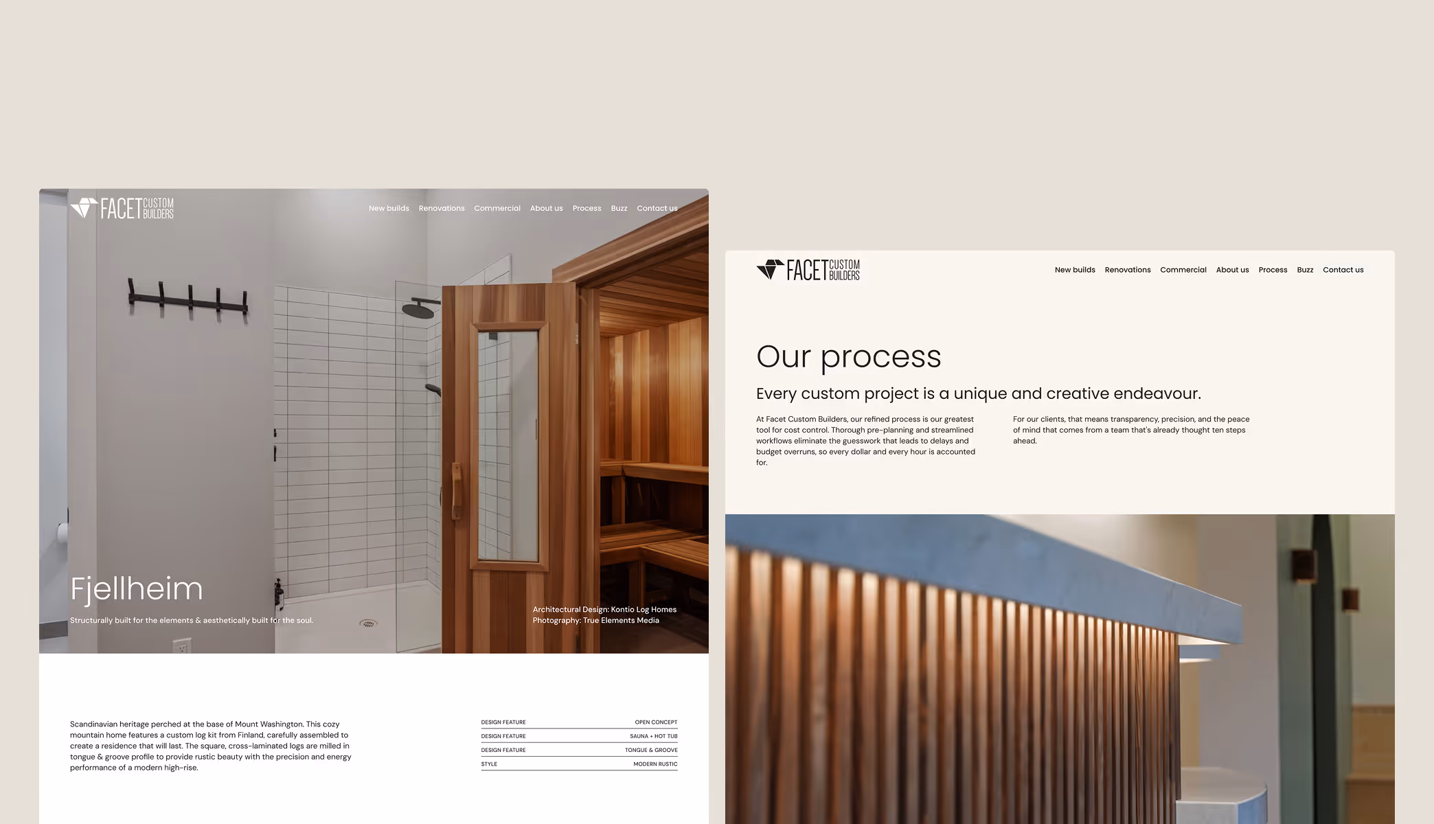 Interior page mockup of Facet Custom Builders. 