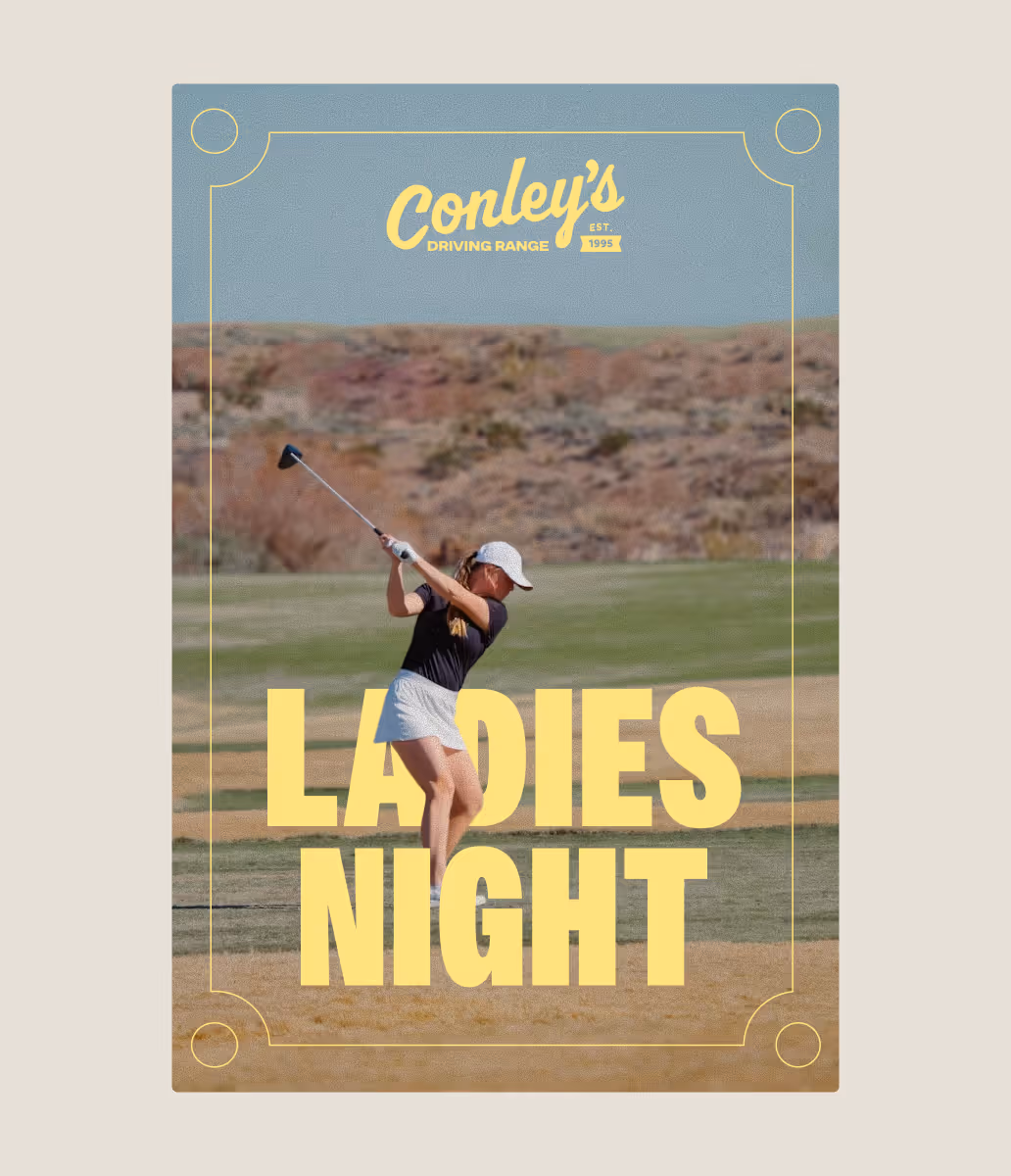 Conley's Driving Range social mock up of lady swinging golf club.