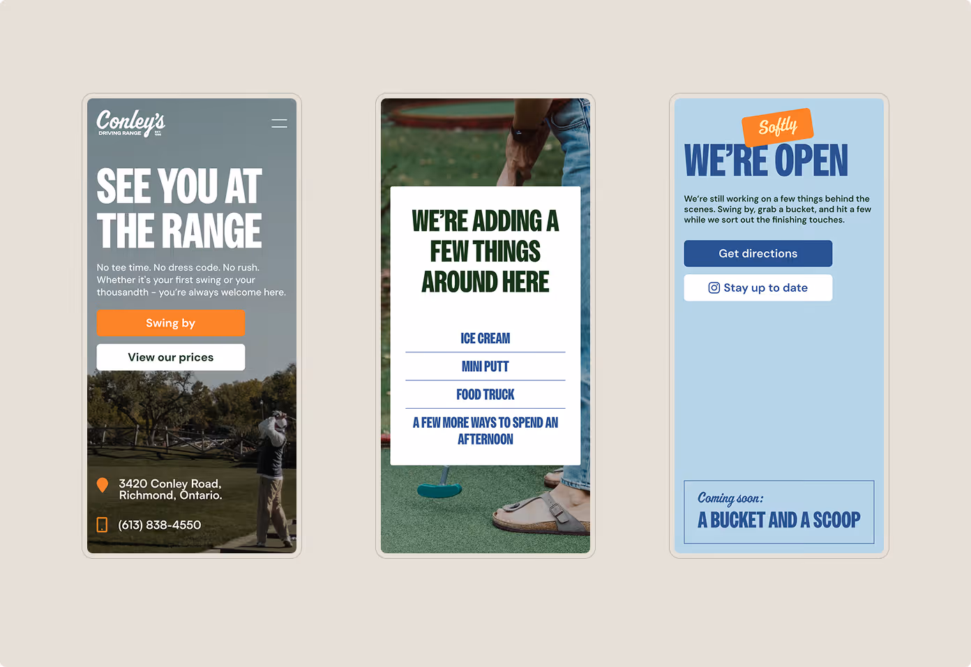 Conley's Driving Range mobile website mockups.