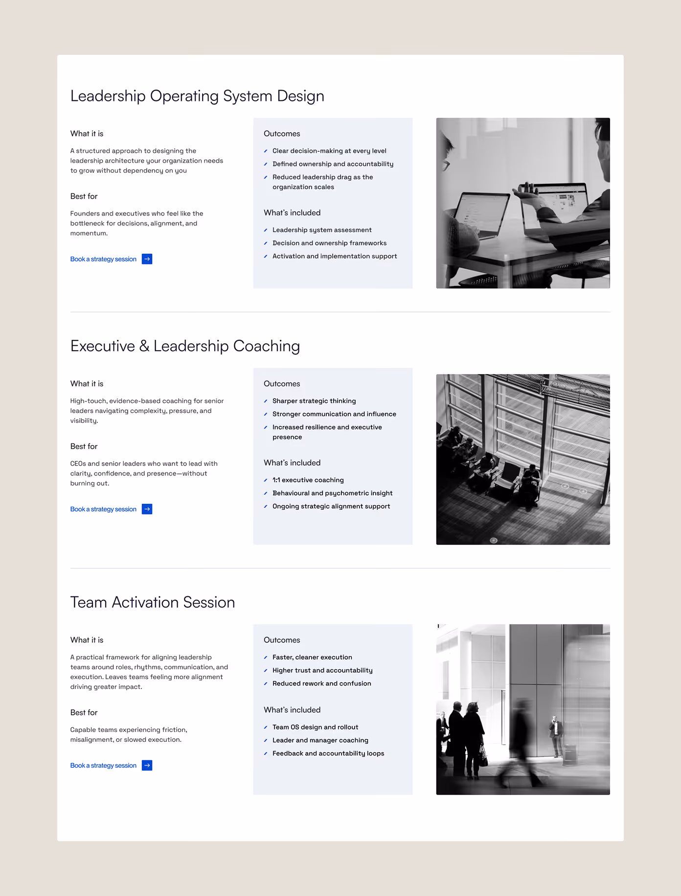 Mockup of the services section on the Eva Kutzler website.