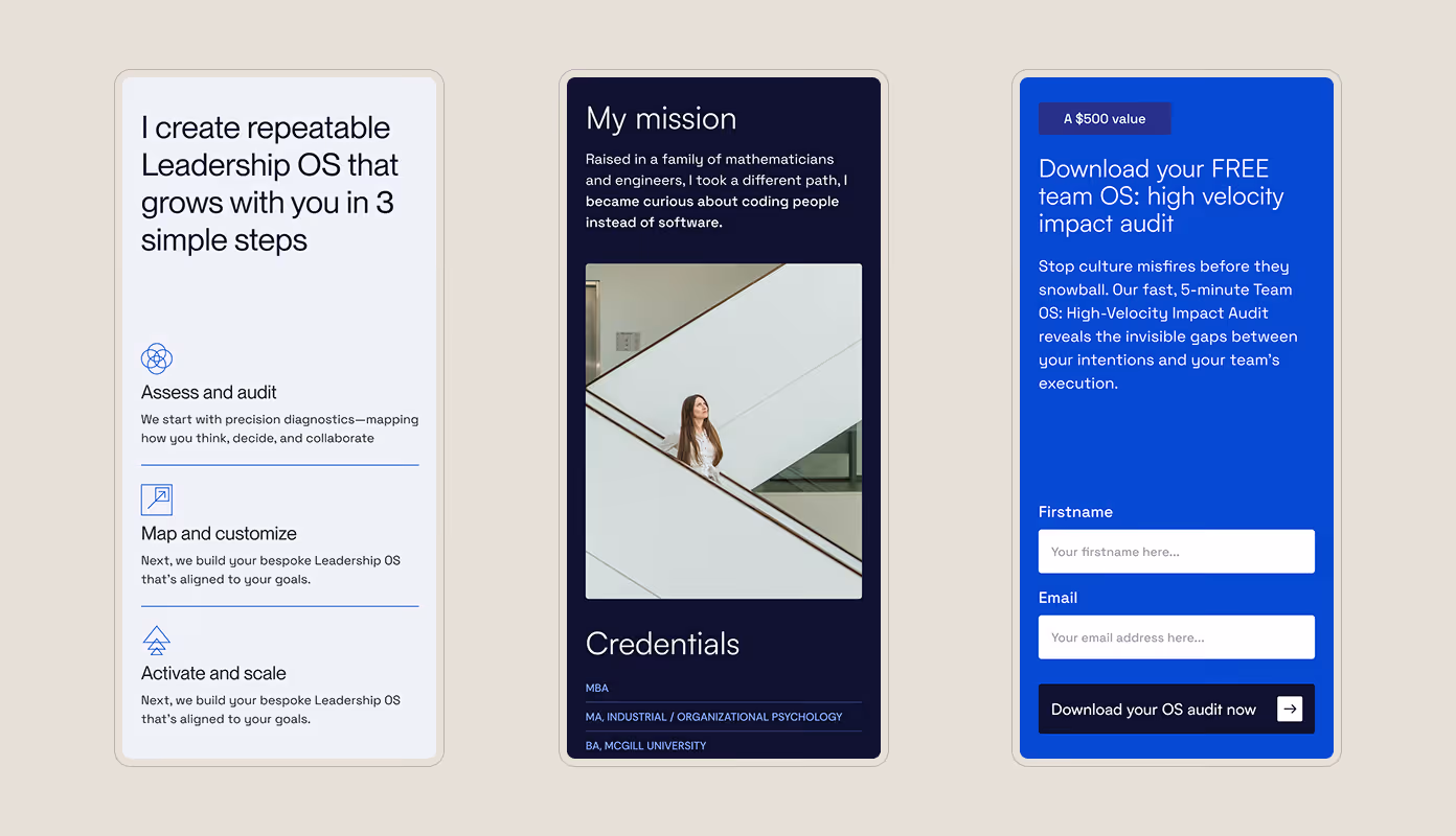 Mobile mockups of the Eva Kutzler website.