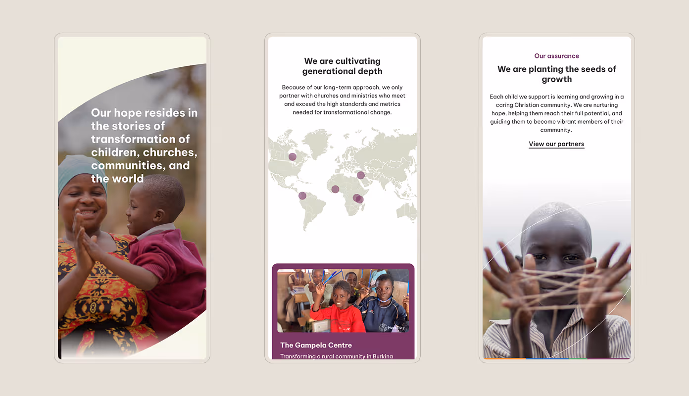 3 mobile mockups showing different sections of Hopestorys website