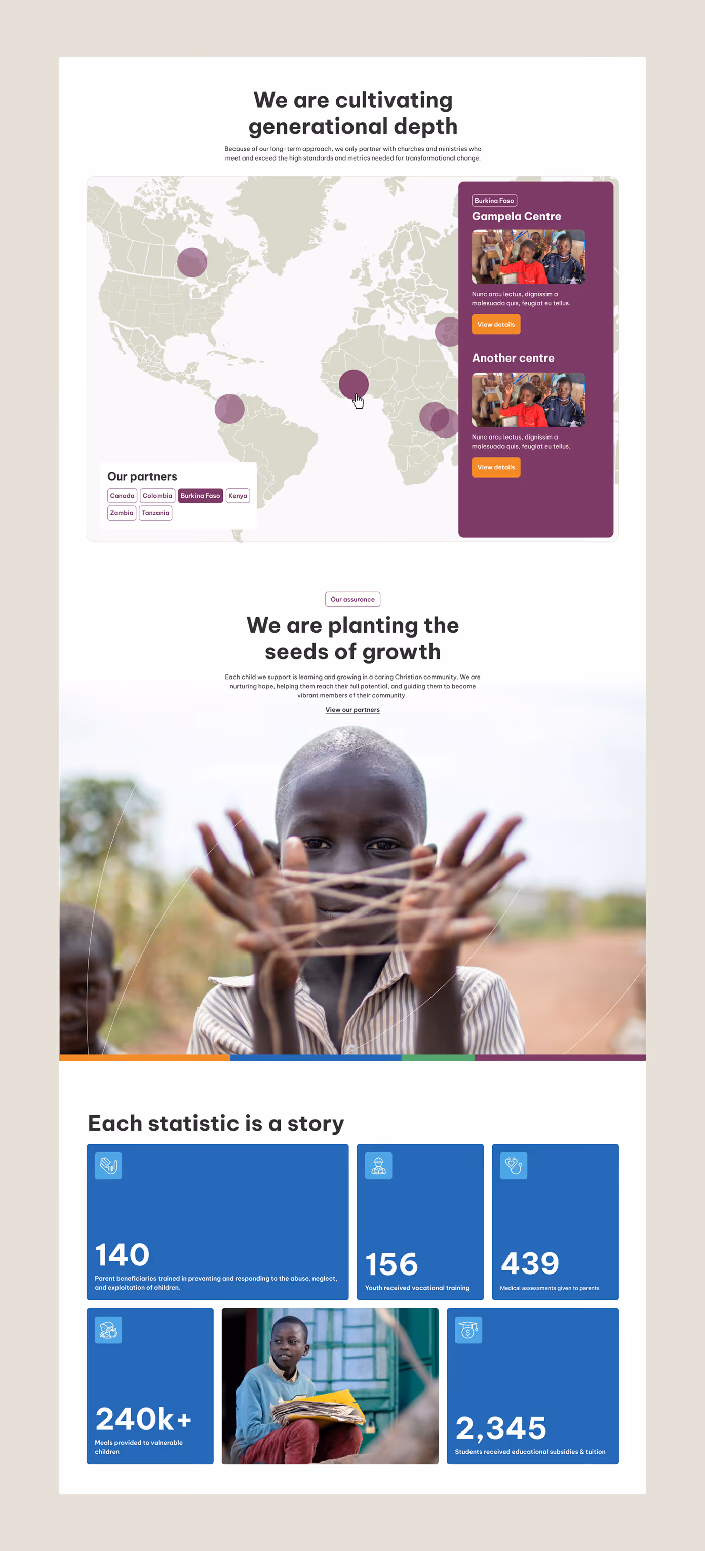 A shot of Hopestory's homepage, showing several components