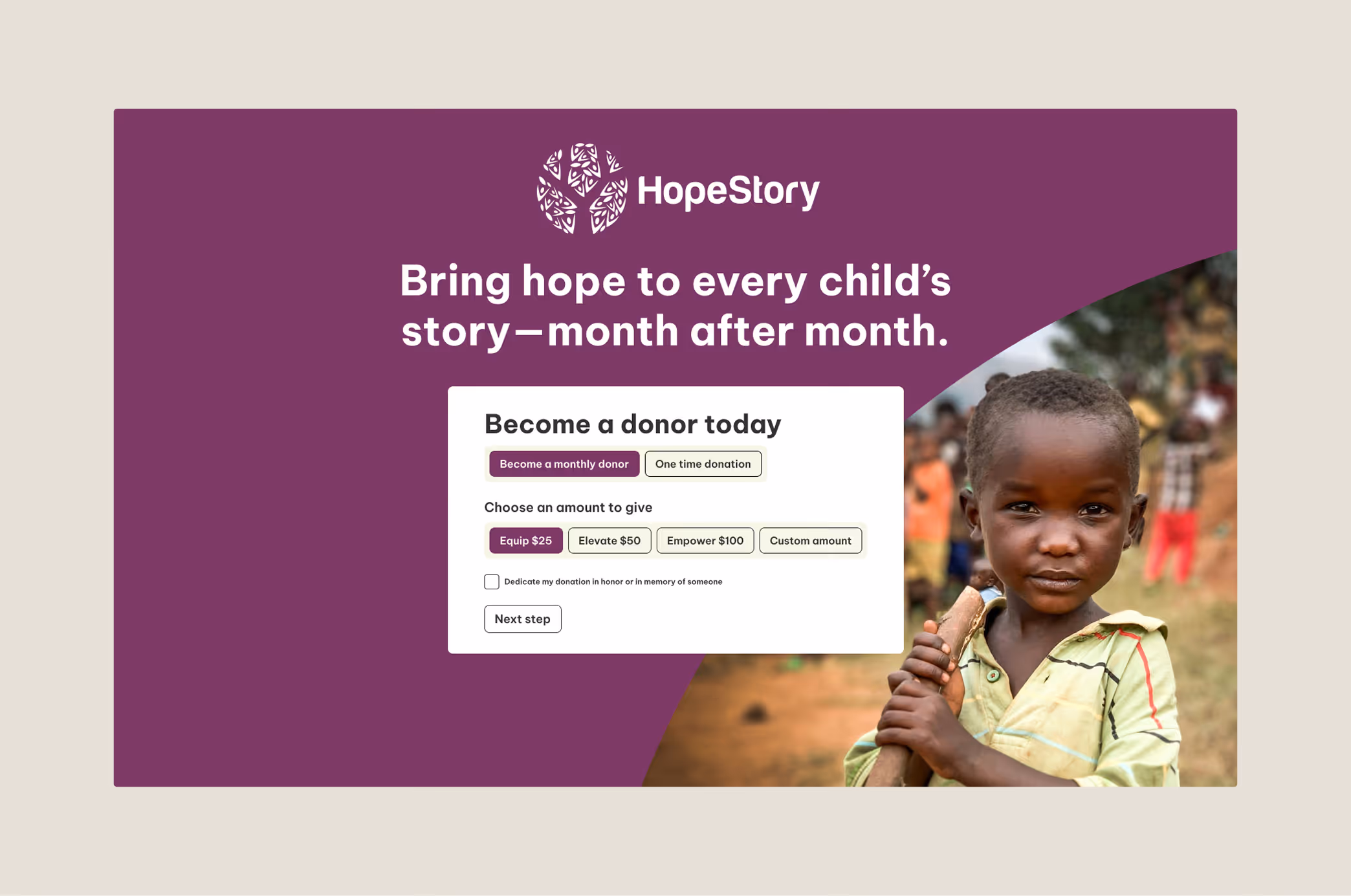 The Hopestory donation callout, which appears on certain pages