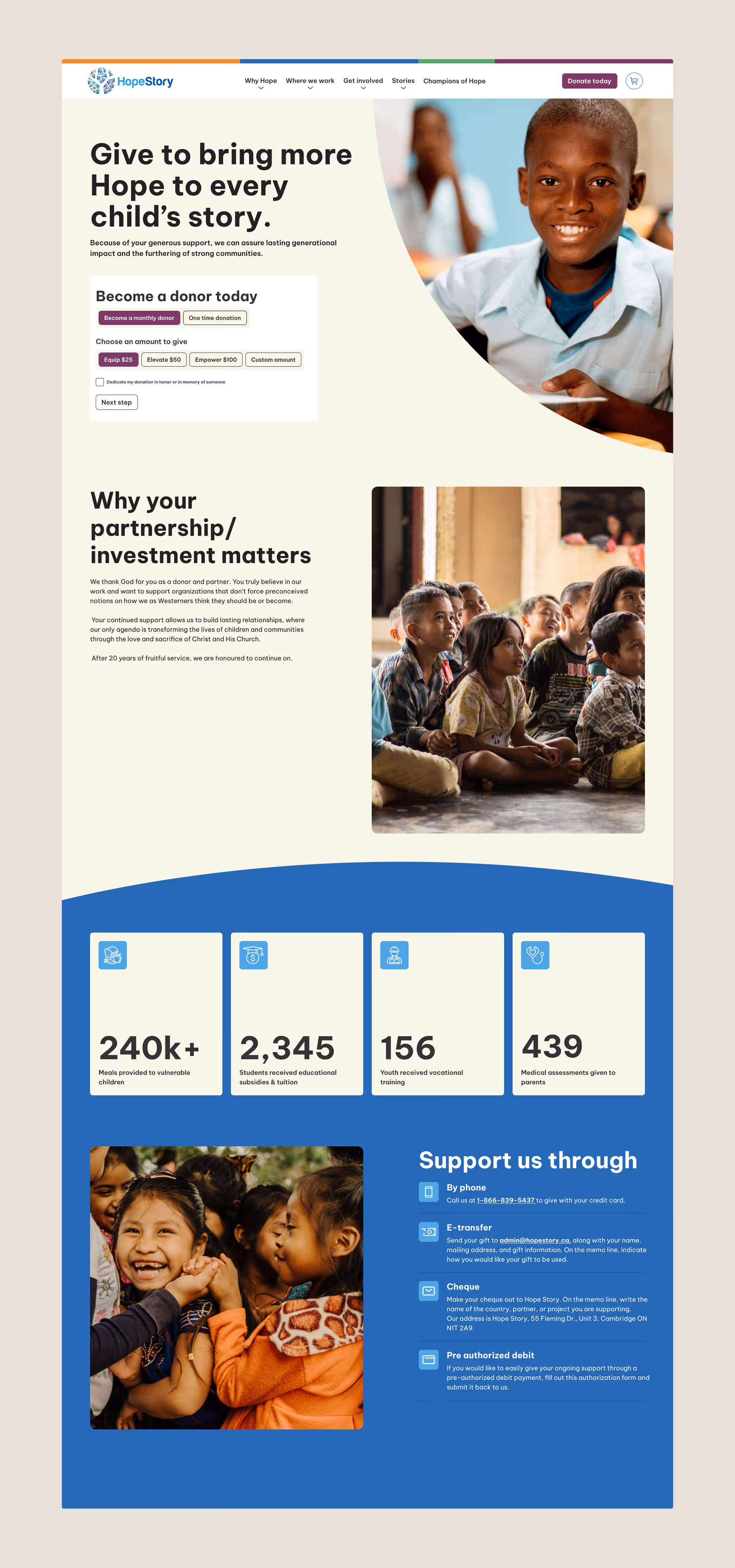 The Hopestory donation page, showing components designed to get people to donate