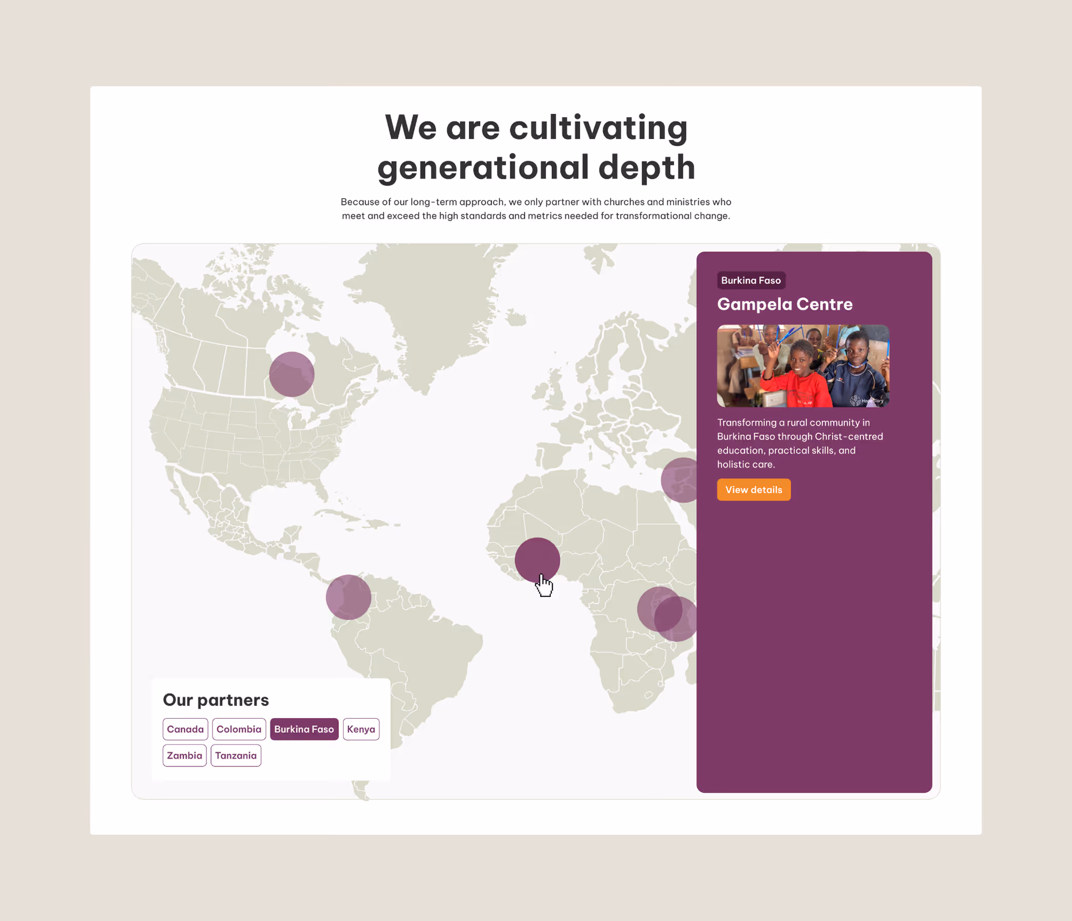 An interactive map on the Hopestory website that shows where they serve 