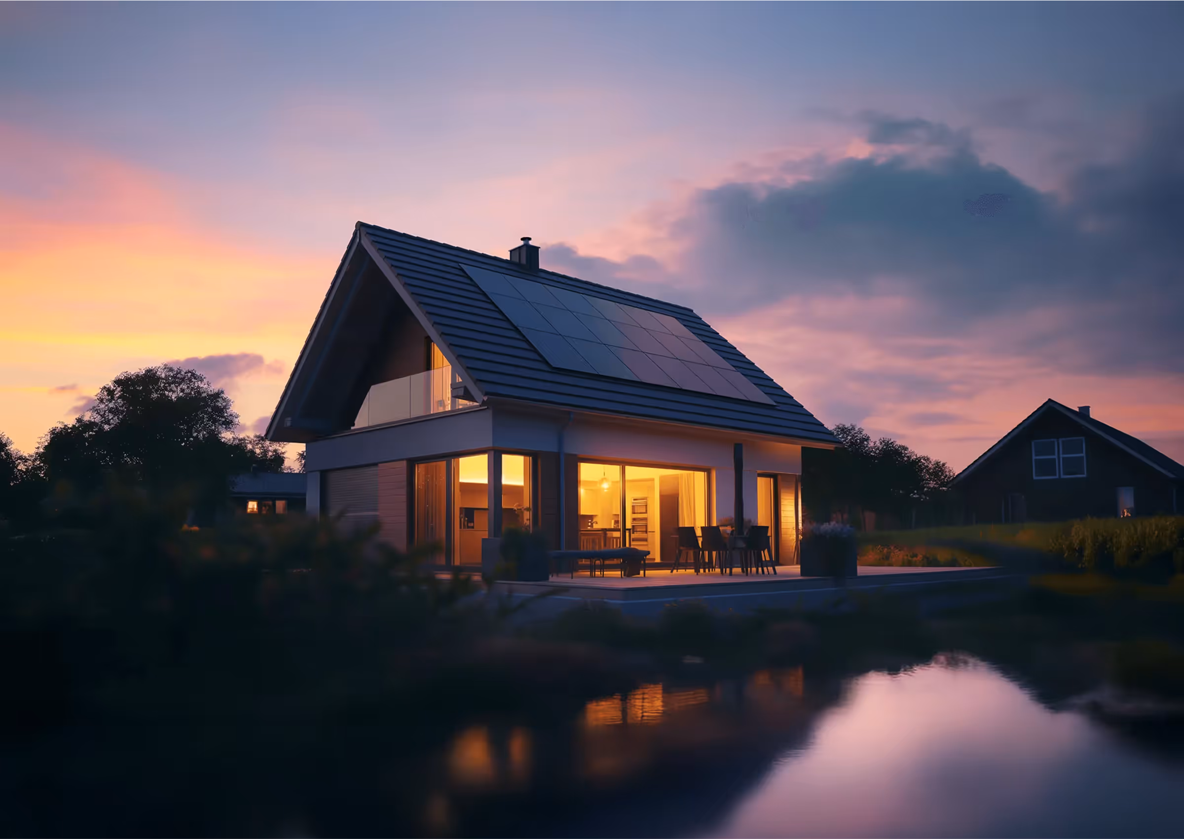 Haus bei Nacht mit Solaranlage auf dem Dach.