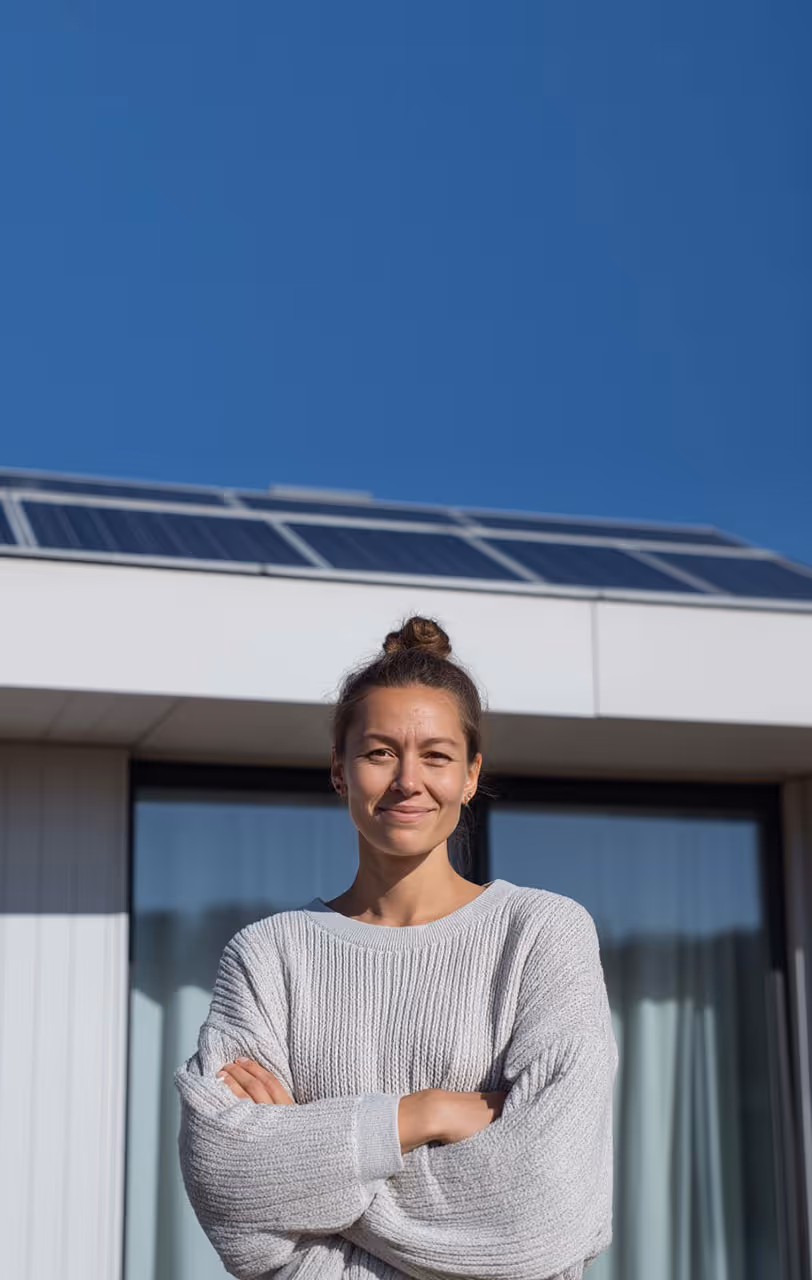 Young woman standing with arms crossed, smiling in front of a modern house with solar panels on the roof.