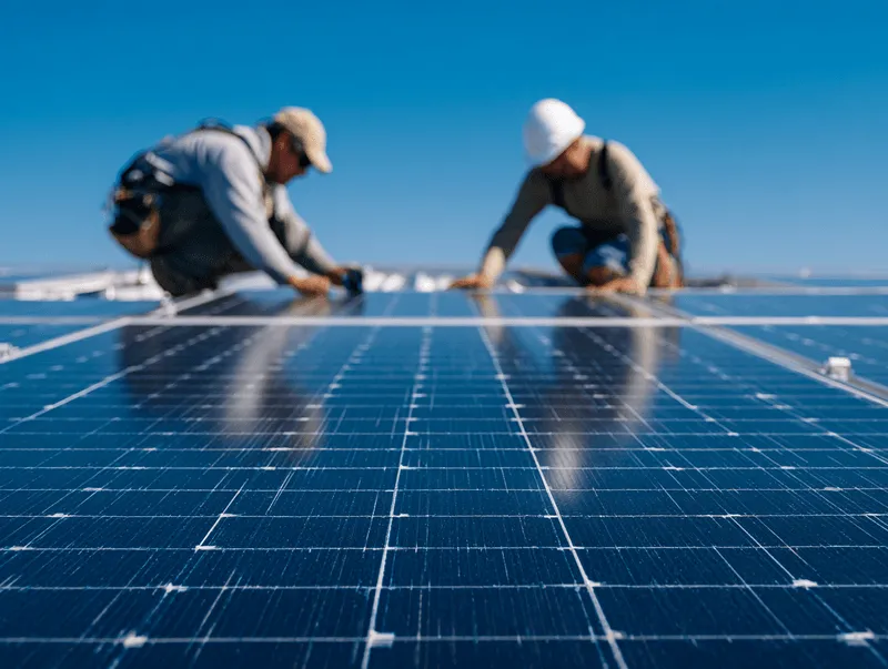 Two workers install solar panels