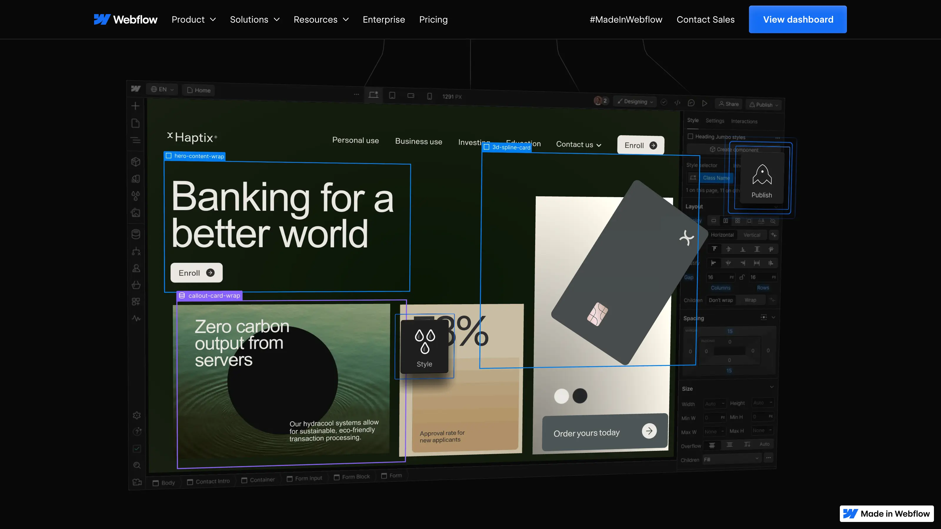 웹사이트에 있는 Webflow 인터페이스의 스크린샷
