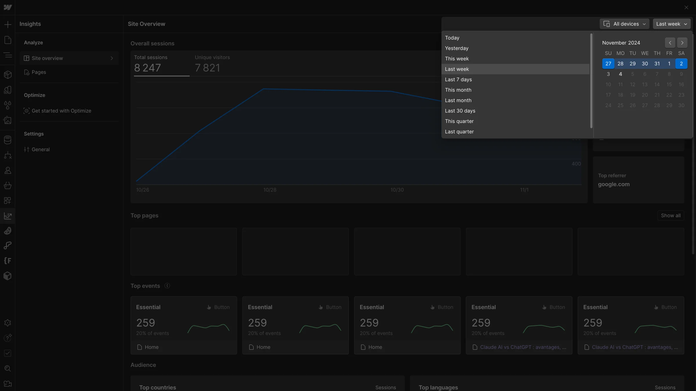 Webflow Analyze의 필터링 옵션