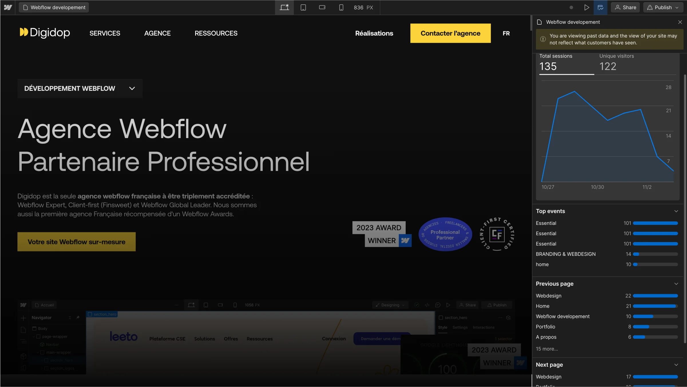 Webflow Analyze는 페이지에서 접근 가능합니다.