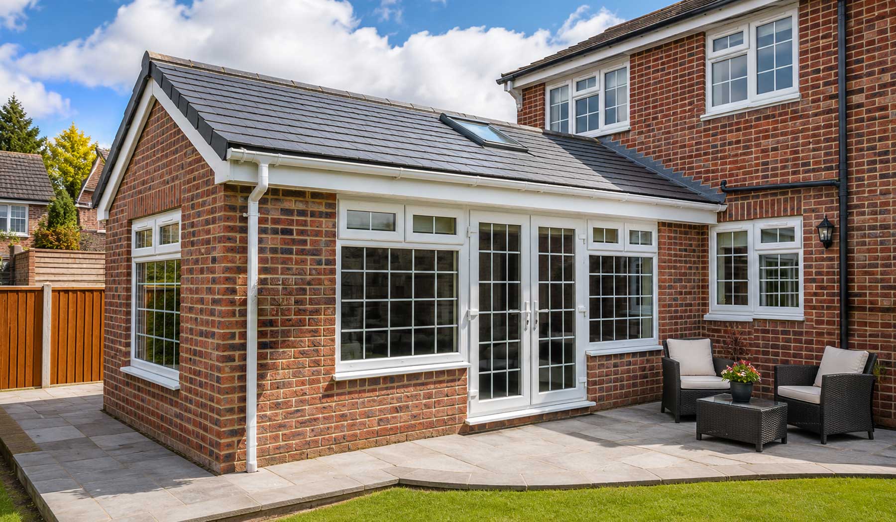 Modern single-storey brick house extension with a dark grey tiled roof, white-framed French doors and windows, landscaped patio, and garden in a contemporary UK suburban setting.