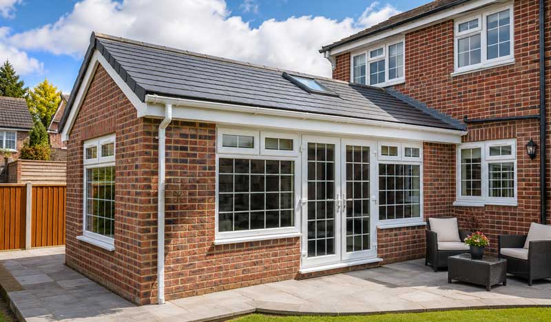 Single-storey rear house extension with brick exterior, modern white-framed windows and French doors, creating a spacious open-plan kitchen, dining, and family living area in a UK home.