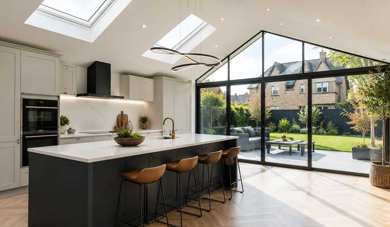 Contemporary kitchen extension with vaulted ceiling, skylights, modern pendant lighting, large black-framed glazing, spacious island, and garden views in a stylish UK home.