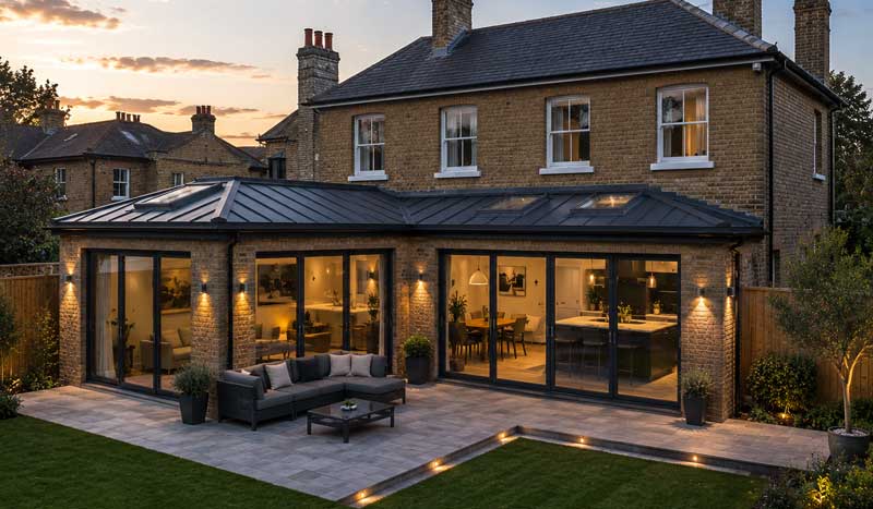 Modern L-shaped wrap-around house extension with black aluminium framed glazing, dark standing seam roof, spacious patio, landscaped garden, and contemporary rear home renovation in a UK suburban setting.