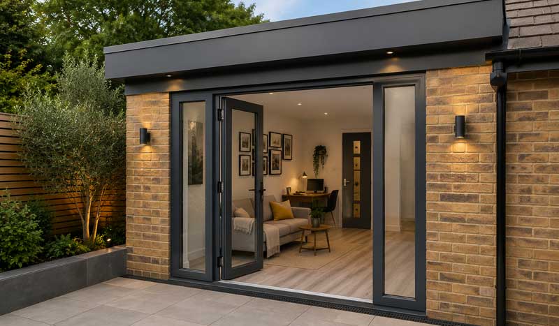 Modern garage conversion with light brick exterior, anthracite aluminium bifold doors, flat roof, landscaped patio, and contemporary home office or living space in a UK residential property.