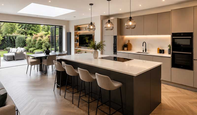 Modern kitchen renovation featuring a large island with quartz worktop, handleless cabinetry, pendant lighting, herringbone flooring, and open-plan dining area with garden views in a contemporary UK home.