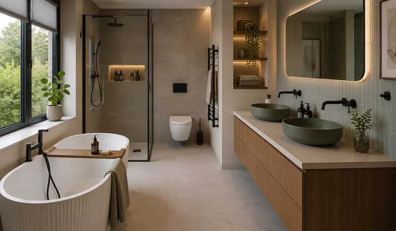 Contemporary bathroom renovation with freestanding bath, walk-in shower, double vanity, LED mirror, natural wood cabinetry, and modern spa-inspired design in a stylish UK home.