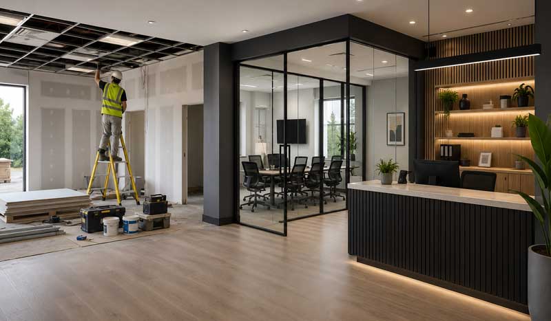 Commercial renovation in progress featuring a modern office fit-out, glass meeting rooms, reception area, and active construction work in a contemporary business premises.