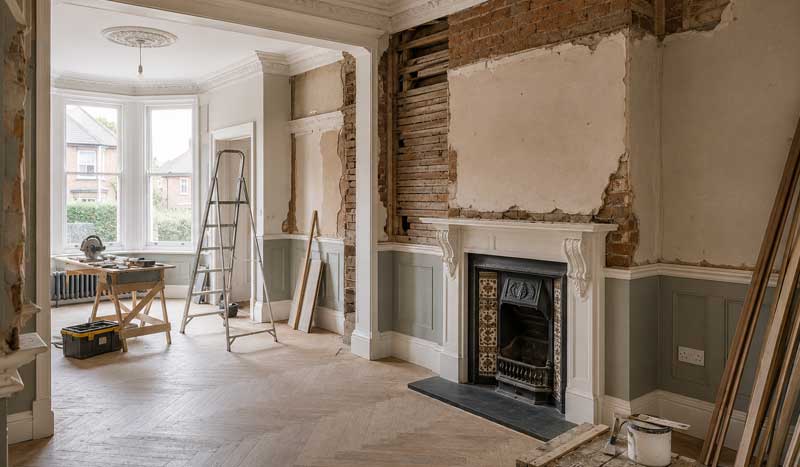 Period property renovation featuring original Victorian fireplace, decorative cornicing, exposed brickwork, timber flooring, and restoration work inside a traditional UK home.