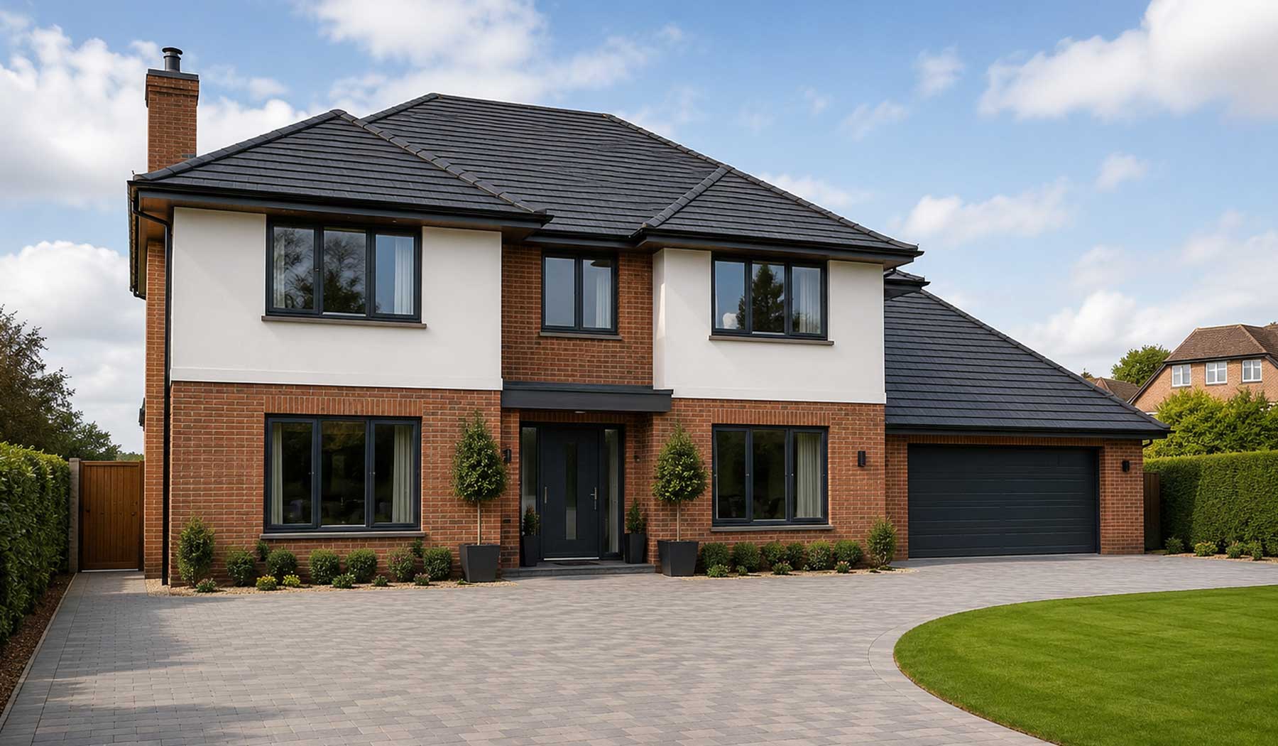 Contemporary new build detached house with brick and rendered exterior, dark grey tiled roof, landscaped driveway, integrated garage, and modern architectural design in a UK residential development.