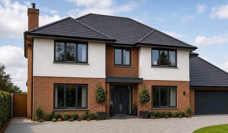 Modern new build detached home with contemporary brick and render façade, dark tiled roof, spacious block-paved driveway, integrated garage, and landscaped front garden in a UK residential setting.