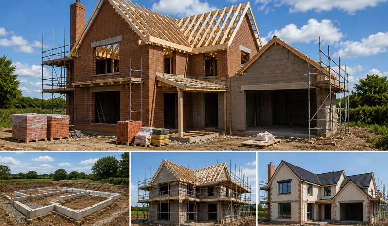 Self-build house construction showing foundations, structural shell, roof framing, and completed exterior, illustrating the key stages of a custom home build in the UK.