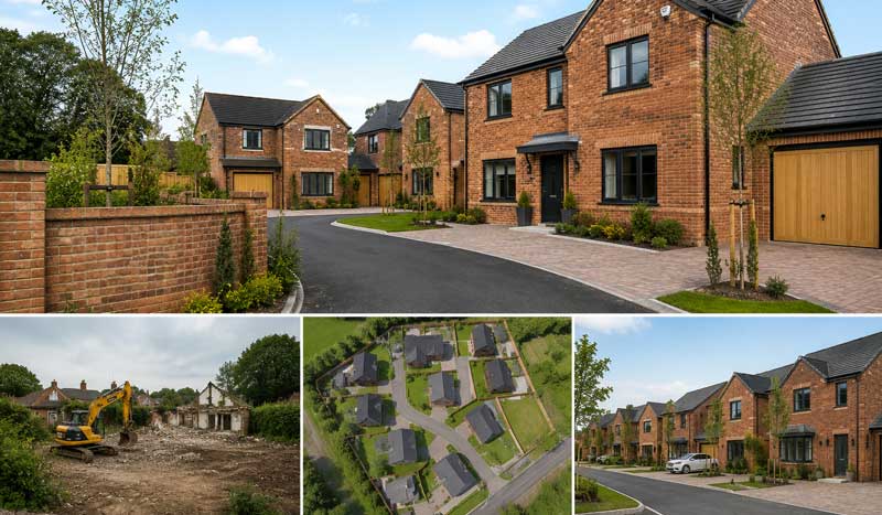 Small residential development featuring newly built detached homes, ongoing site construction, plot preparation, demolition and rebuild work, and modern housing development in the UK.