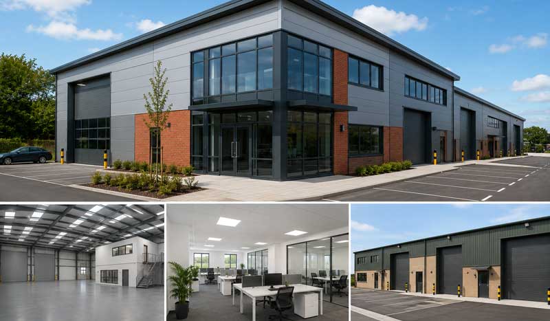 Modern commercial building with office space, warehouse units, roller shutter doors, landscaped frontage, and contemporary light industrial facilities in a UK business park.