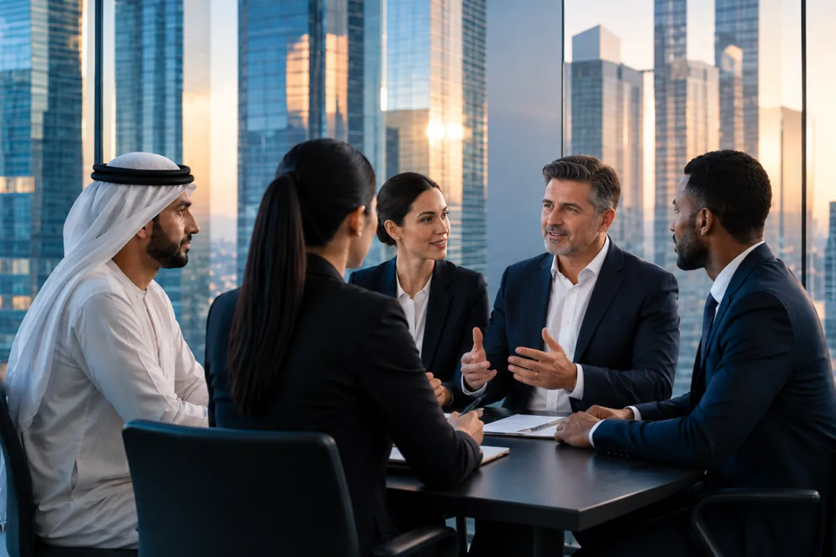 International business professionals in a meeting overlooking a city skyline