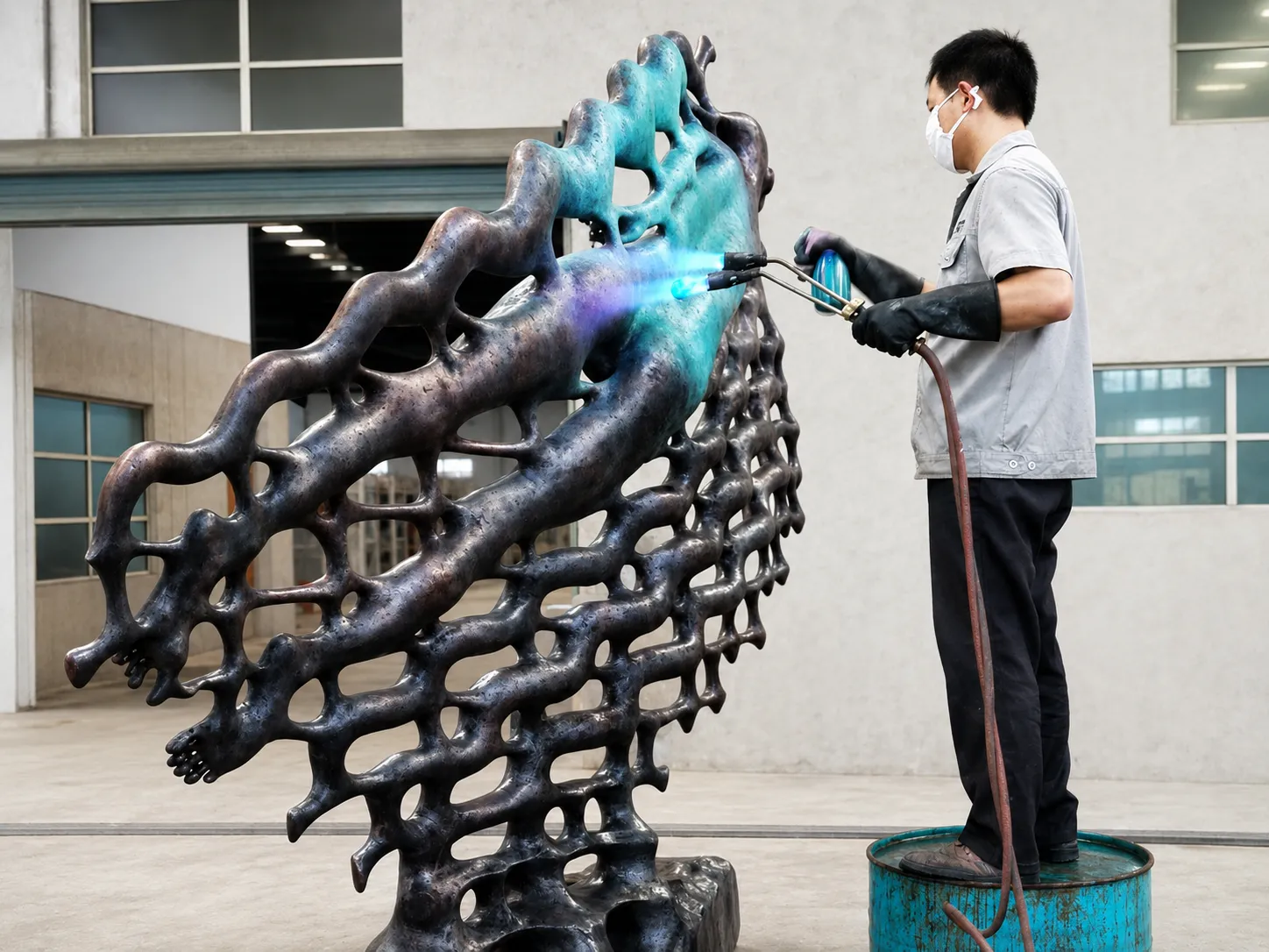 Artisan applying color and surface finish to a metal artwork.