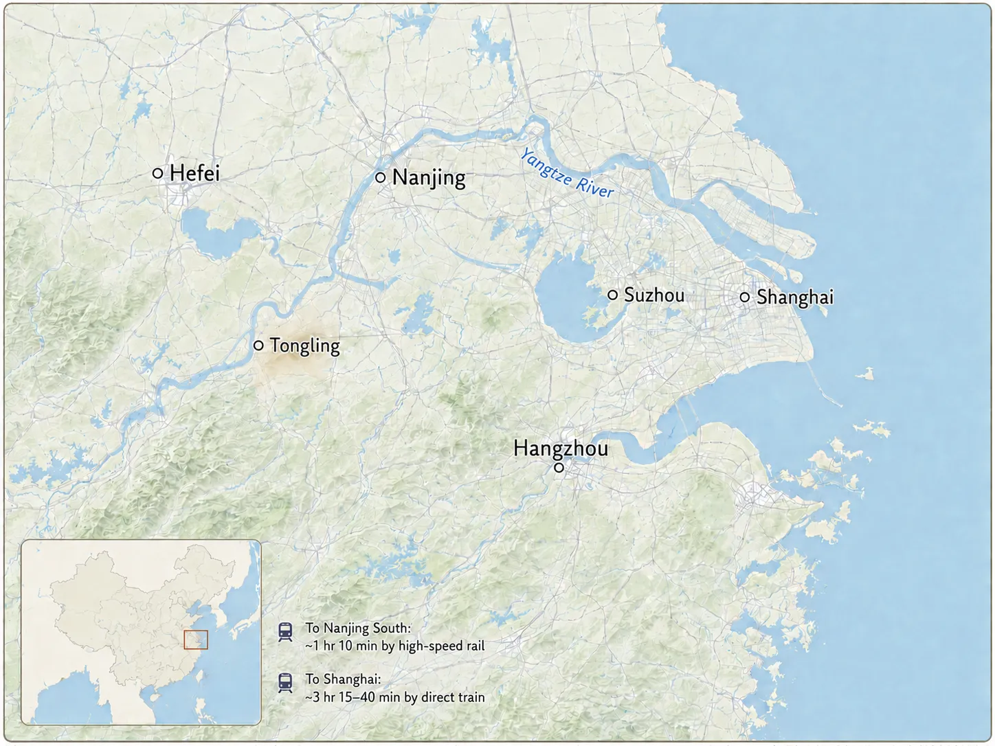 Map showing Tongling within the wider Yangtze River Delta network.