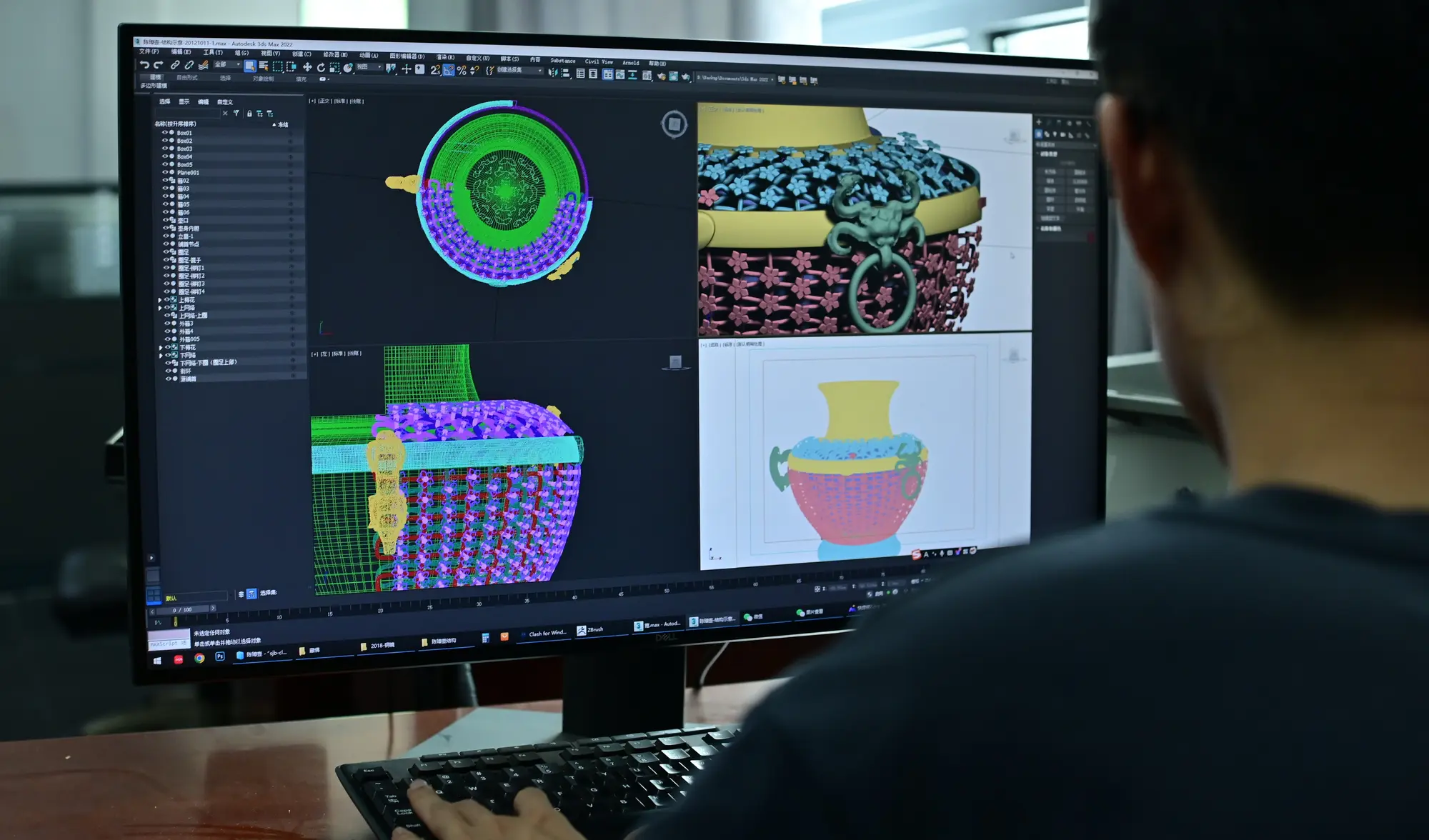 A specialist reconstructing a historic artefact from digital scan and modelling data.