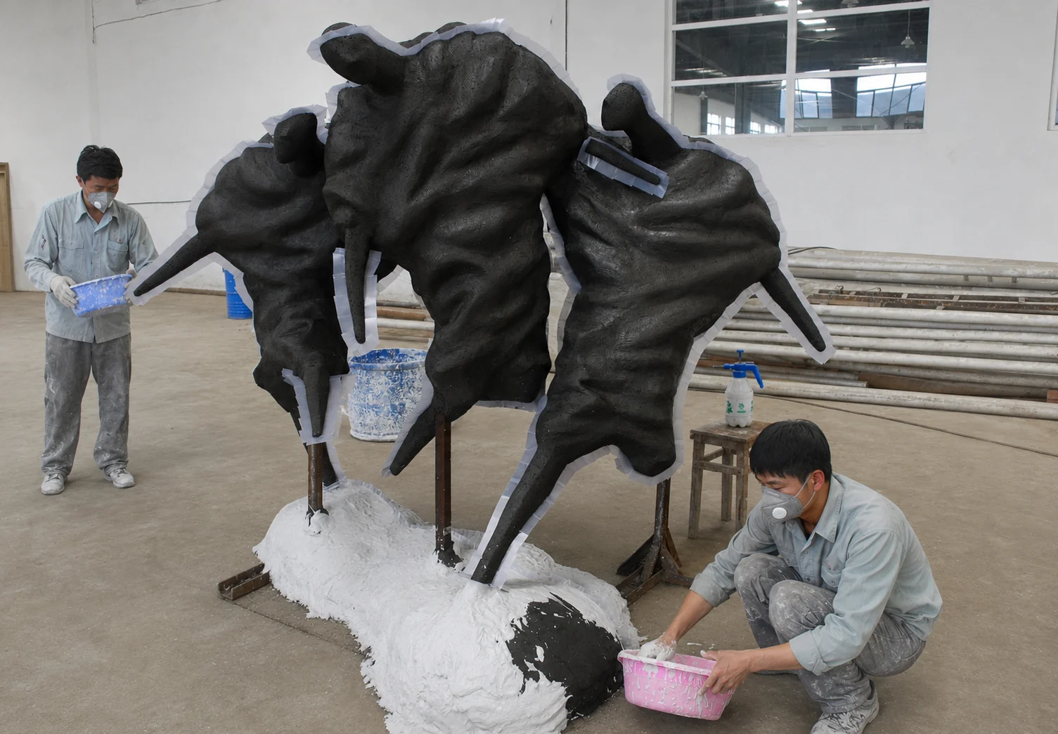 Craftspeople preparing a flexible mould around a sculptural model