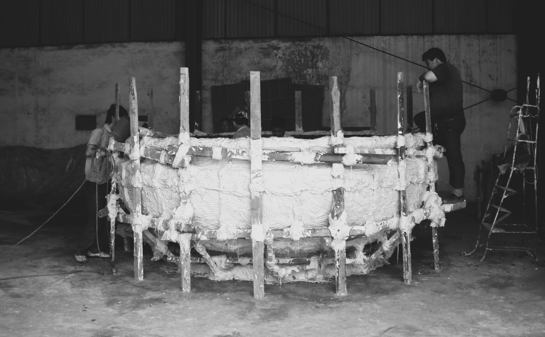 Workshop view of a large reinforced plaster mould assembly