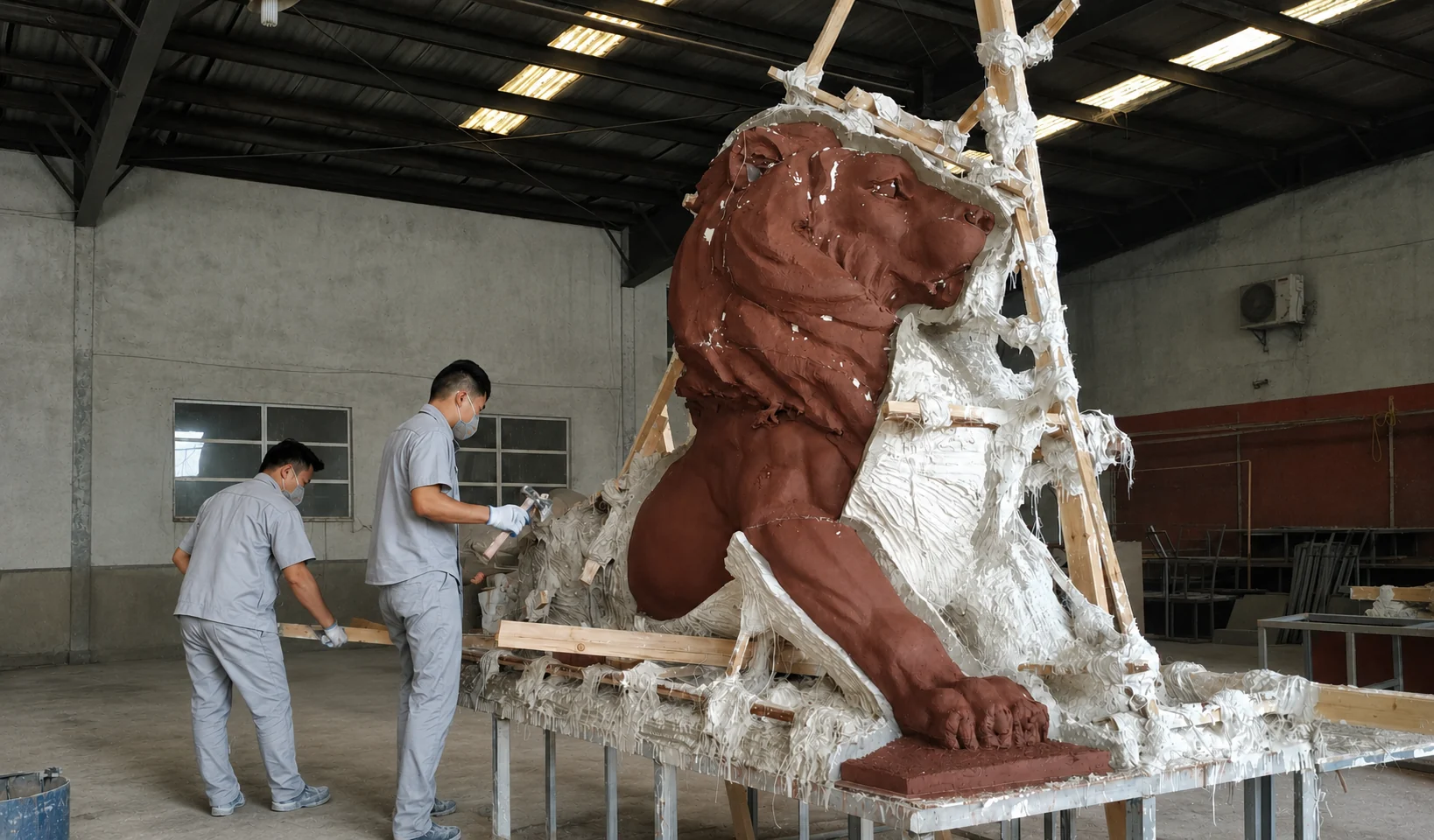 Craftspeople building reinforced plaster mould sections around a sculpture