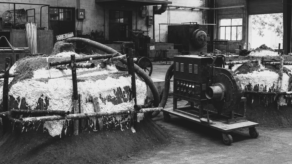 Large sand moulds connected to industrial drying equipment in the foundry.