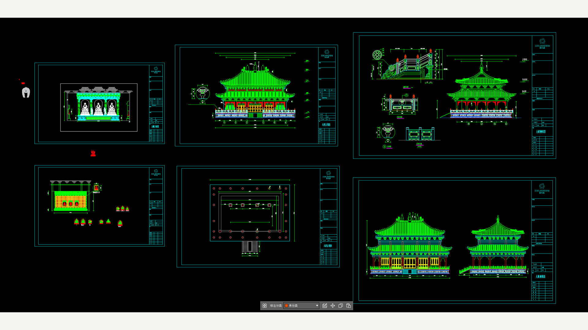 CAD drawing set showing plans, elevations and dimensions for temple architecture and interior fittings.