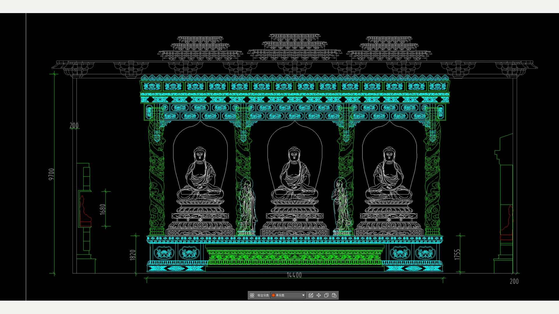 Dimensioned elevation drawing of an architectural surround with three seated Buddha figures.