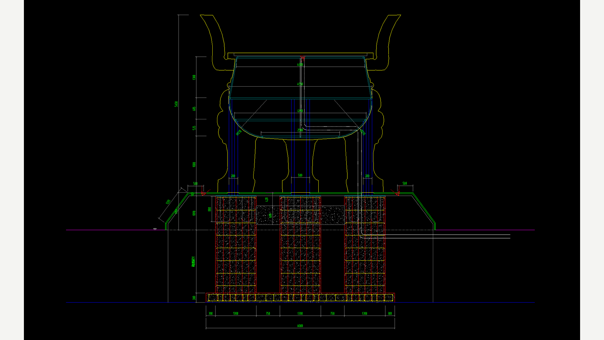 Section drawing showing a ding vessel, its supporting members and foundation dimensions.