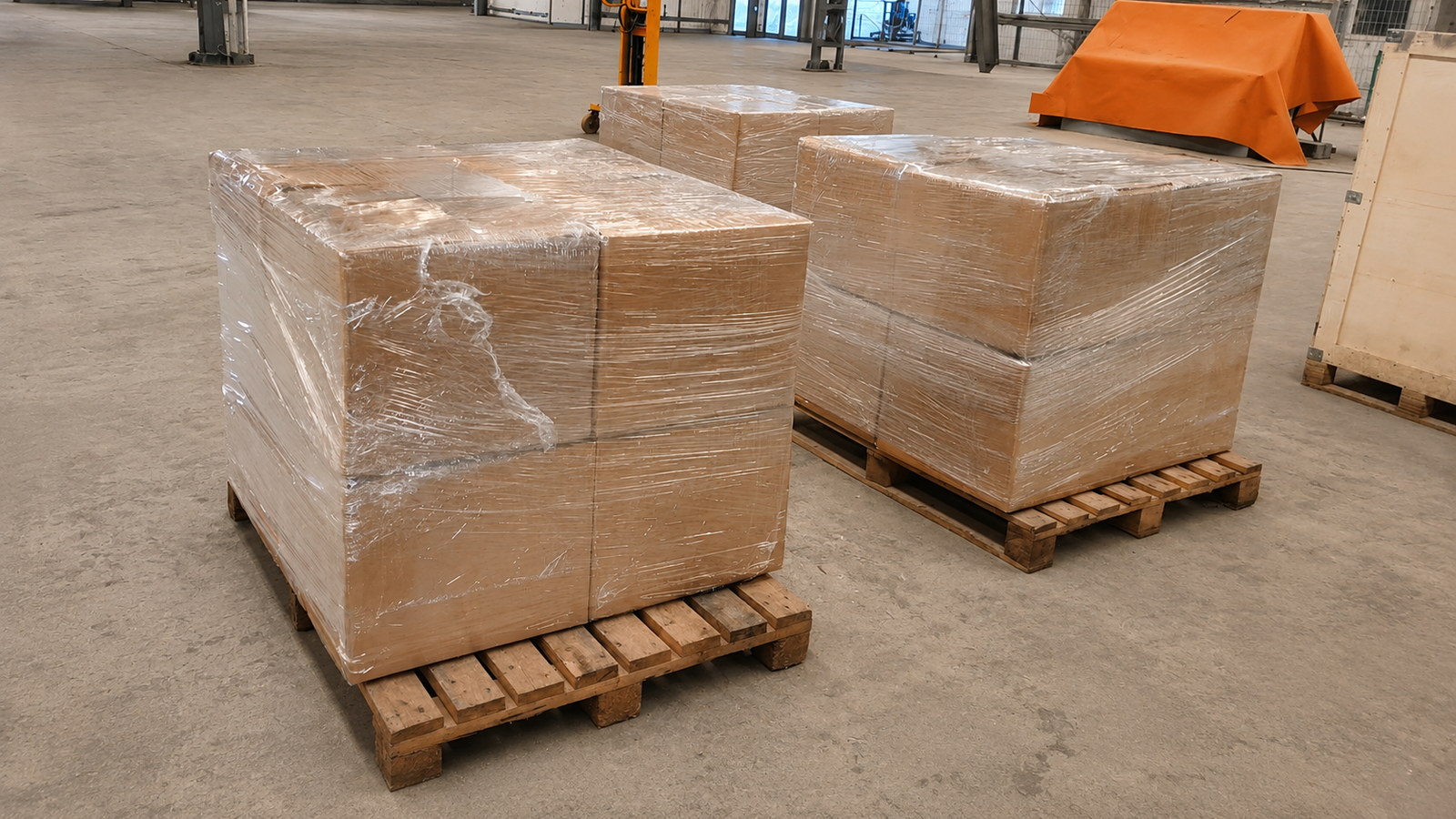 Wrapped packages arranged on wooden pallets in a workshop.