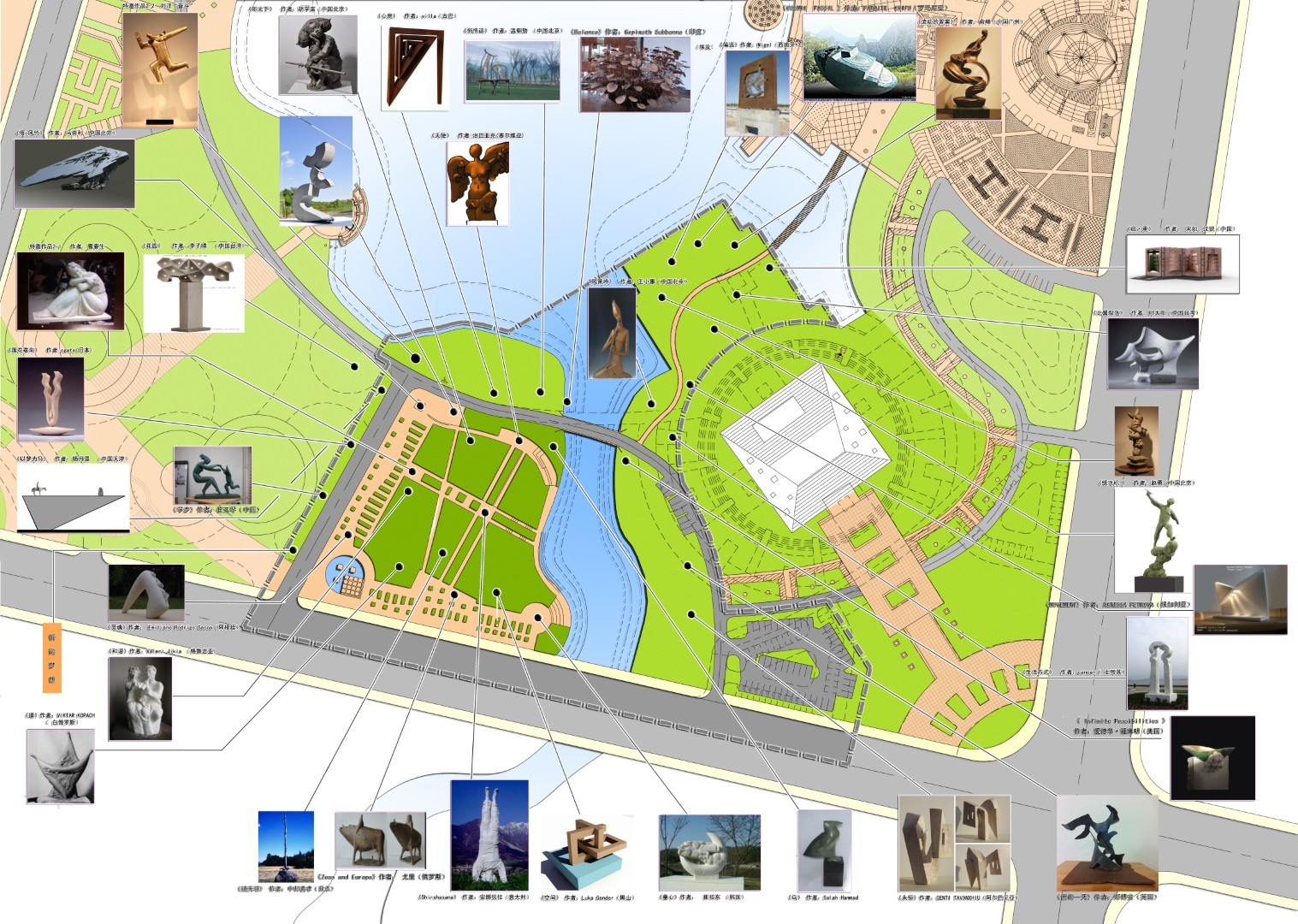 Sculpture garden plan showing paths, planting and artwork locations.