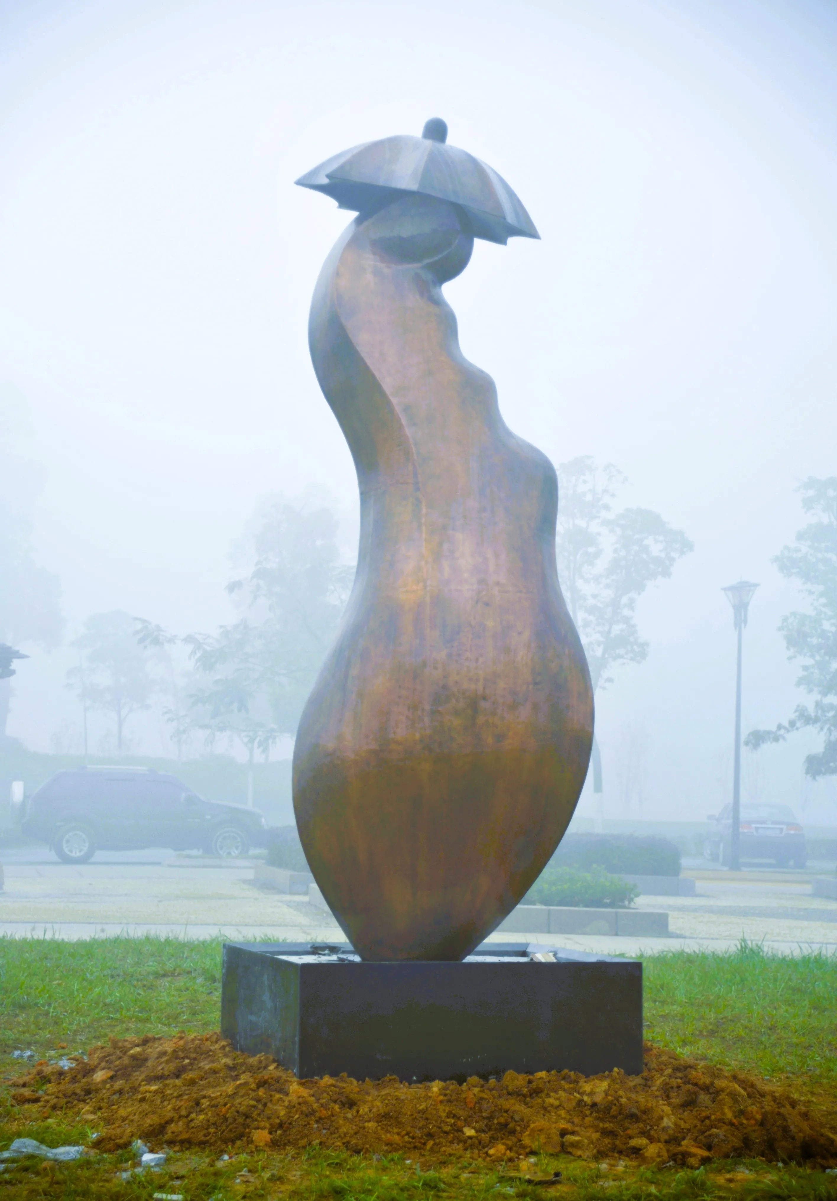 Woman with Umbrella in a misty park, with its full silhouette visible.