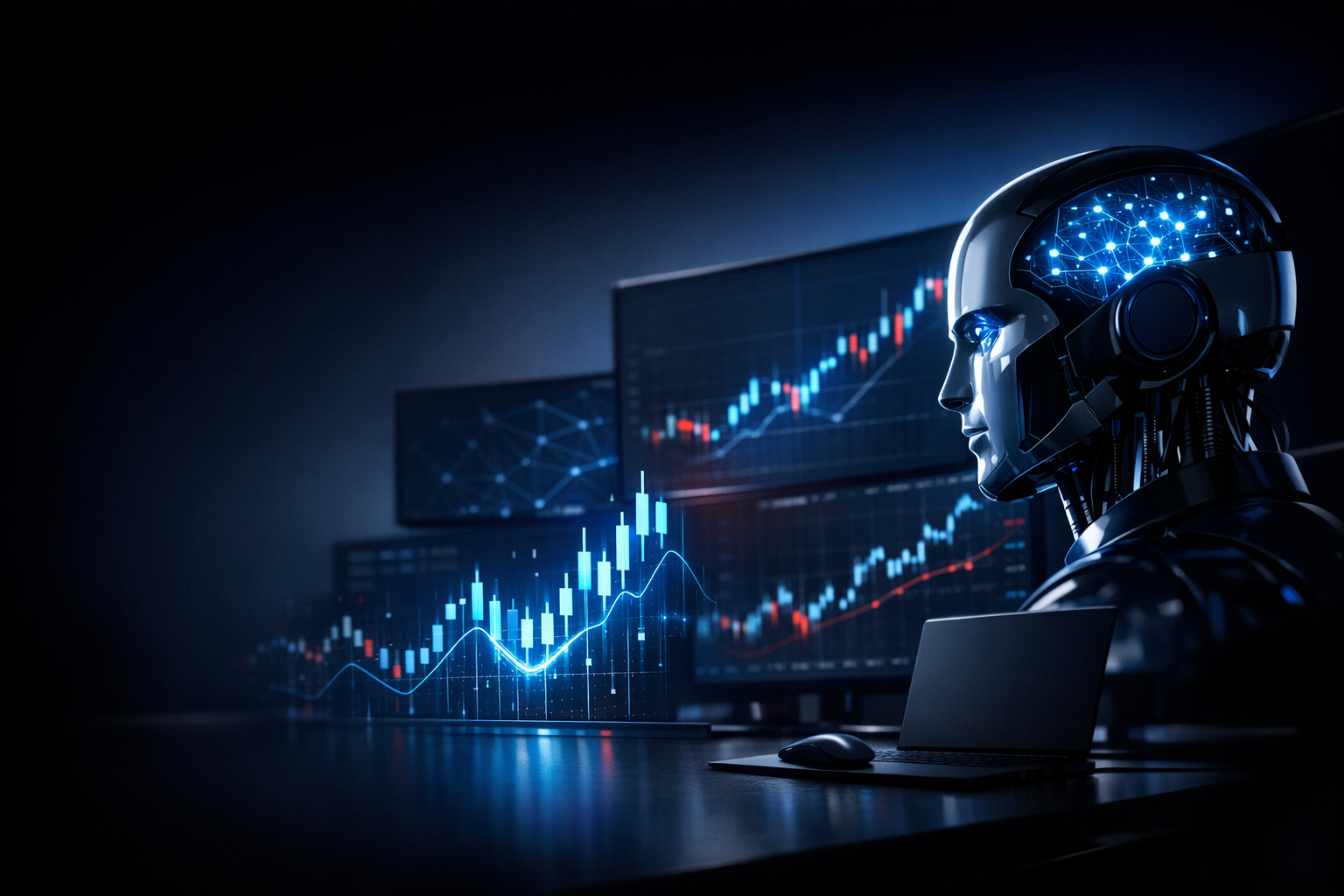 A futuristic robot head with a glowing brain interface, seated at a desk with a laptop, surrounded by multiple screens