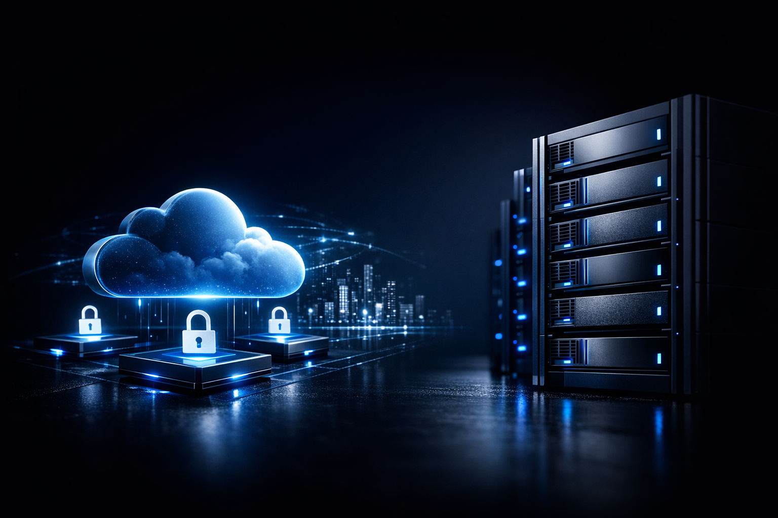 A dark digital setting featuring server racks on the right, with a glowing blue cloud and padlocks above stylized icons,