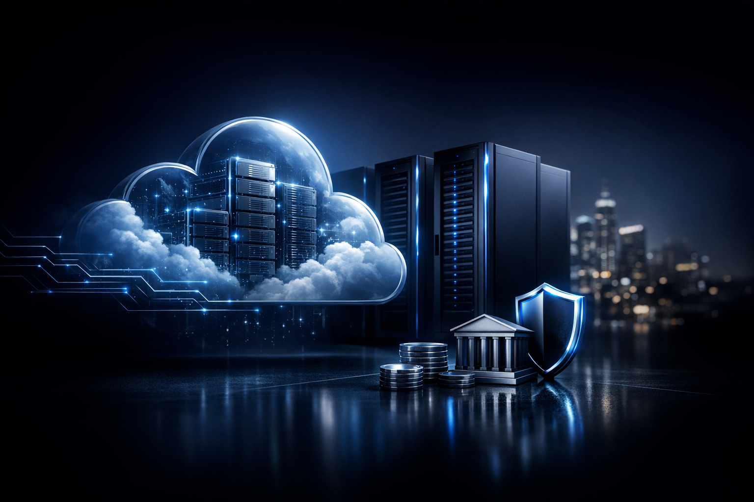 A futuristic representation of cloud computing with servers in a cloud, coins, a bank, and a shield symbolizing security